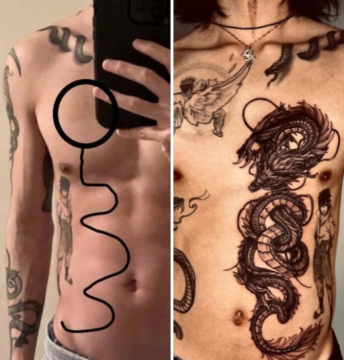 Side-by-side comparison of tattoo expectations versus reality showing a simple design and a detailed dragon tattoo on a torso.
