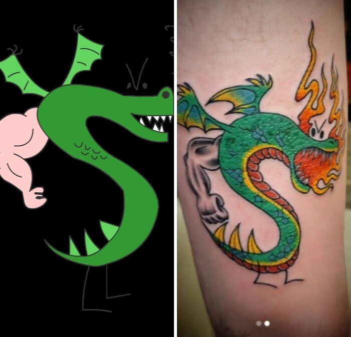 Side-by-side comparison of tattoo expectations versus reality showing a dragon design with muscular arm and flames on skin.
