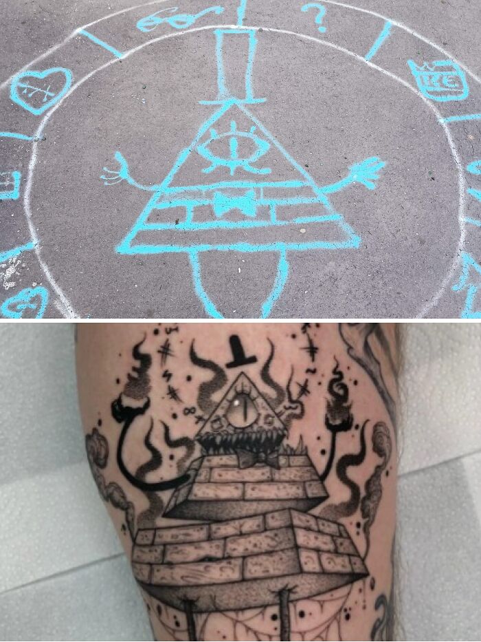 Tattoo expectations vs reality showing simple chalk drawing and detailed black ink tattoo of a pyramid character.