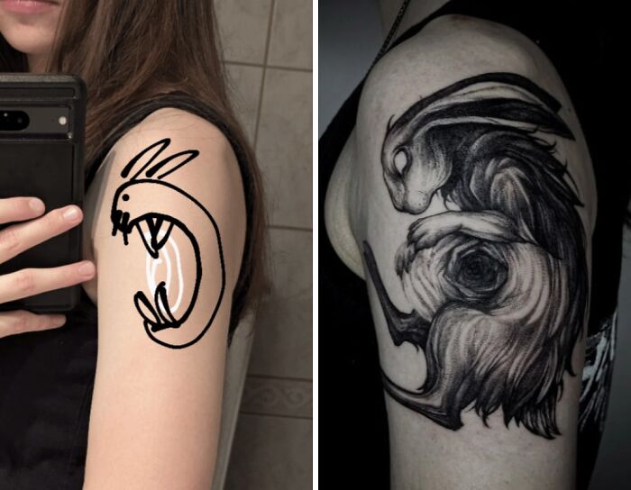 Woman's arm showing tattoo expectations as a simple cartoon and reality as a detailed, dark artistic design.
