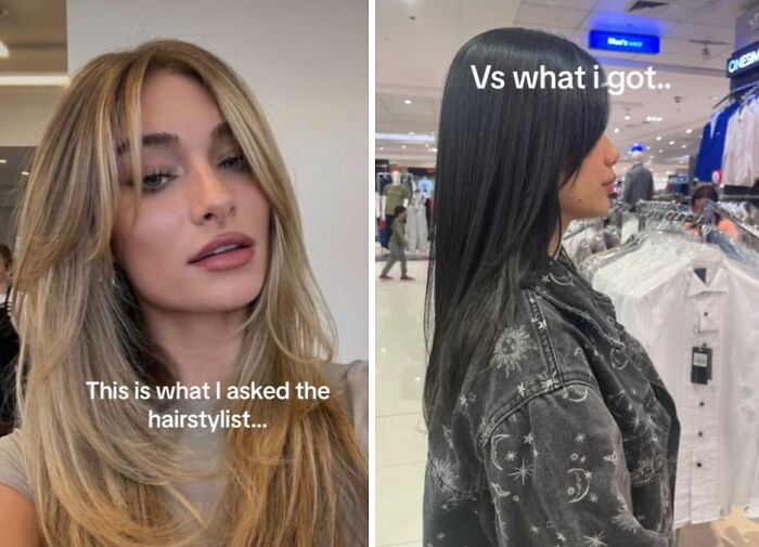 Comparison of hair fails showing expected hairstyle versus actual hair results in a salon setting.