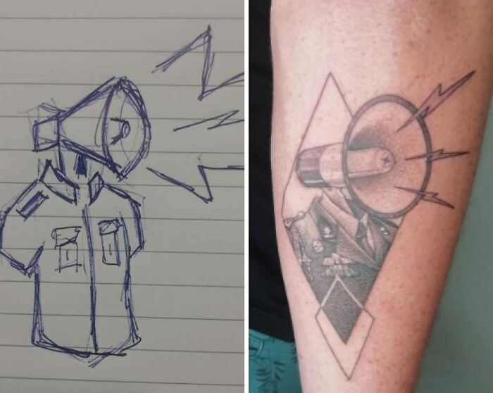 Tattoo expectations vs reality showing a hand-drawn sketch and the final tattoo on a person's arm.