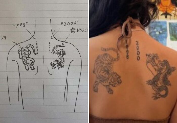 Side-by-side comparison of tattoo expectations versus reality showing tiger and dragon ink designs on a person's back.