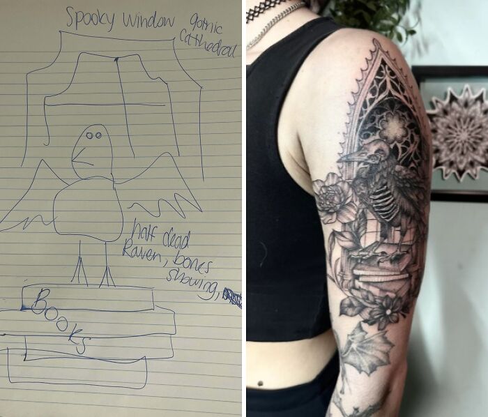 Side-by-side comparison of a hand-drawn sketch and a detailed gothic raven tattoo showing tattoo expectations vs reality.