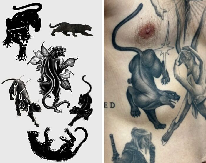 Tattoo expectations versus reality showing detailed black panther designs compared to a rough, distorted chest tattoo version.