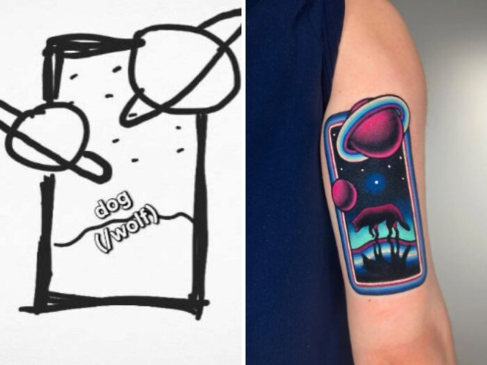 Tattoo expectations vs reality showing a sketch of planets and a wolf compared to a colorful detailed outer space tattoo on arm.