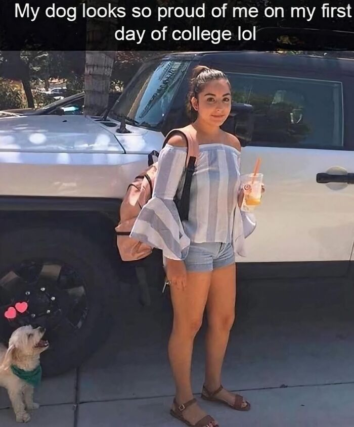 Young woman standing by a car with her dog looking up proudly, funny animal memes to keep your spirits up.
