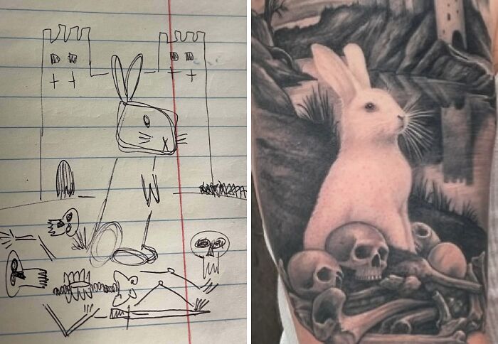 Tattoo expectations versus reality showing a child's rabbit drawing compared to a detailed realistic rabbit tattoo on the arm.