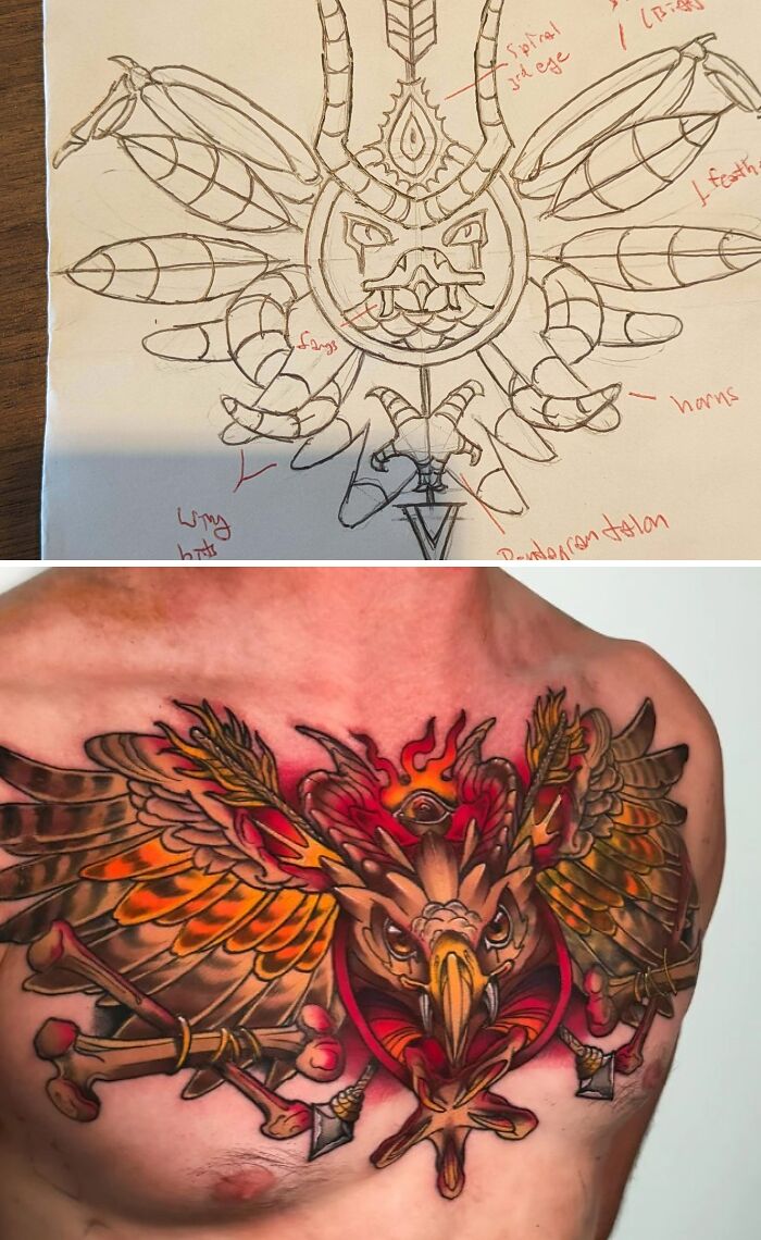 Tattoo expectations vs reality showing a detailed bird design sketch compared to a vibrant chest tattoo version.