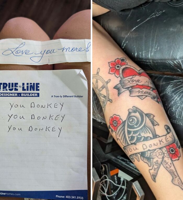Side-by-side comparison of tattoo expectations versus reality showing handwritten note and a humorous tattoo with flowers and fish.