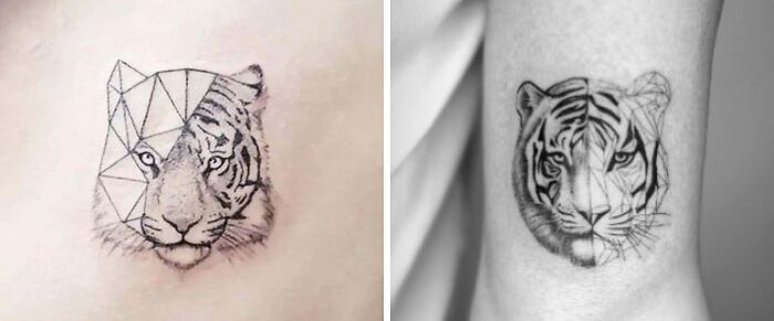 Side-by-side images of tiger tattoos combining geometric and realistic styles showing tattoo expectations vs reality.