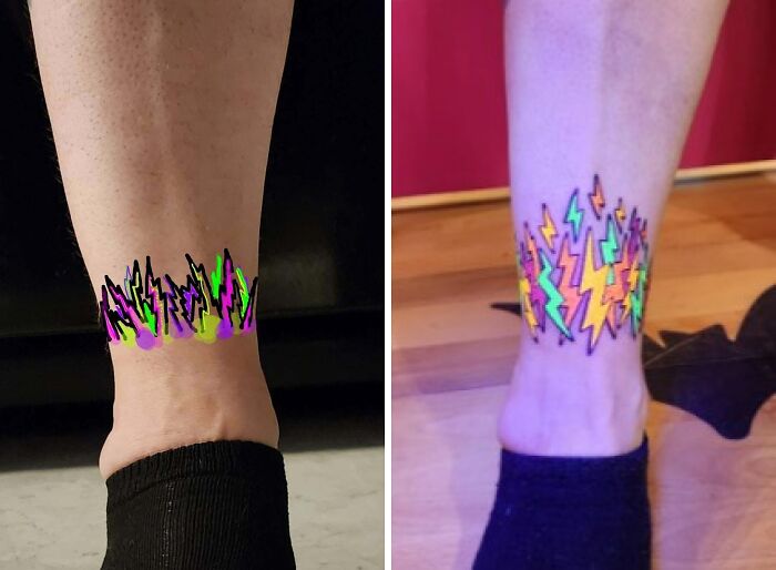 Tattoo expectations vs reality showing colorful lightning tattoos on ankles with different shapes and colors.