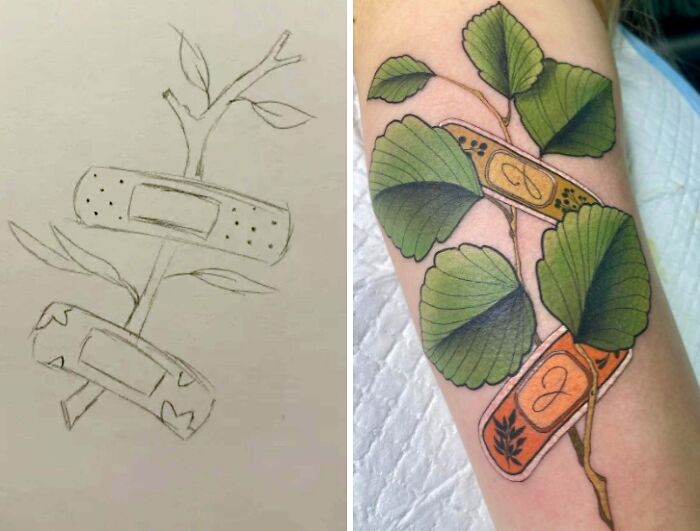 Side-by-side image showing tattoo expectations as a sketch and tattoo reality as a colorful leaf and bandage design on skin.