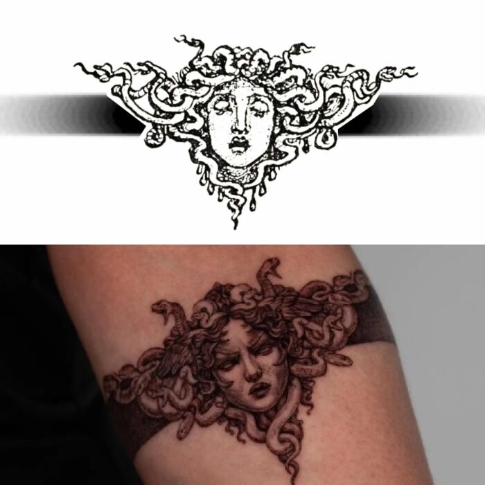Tattoo expectations vs reality showing detailed Medusa head design compared to less defined snake-haired tattoo on arm.