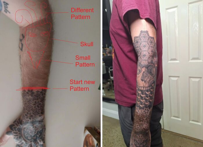 Forearm tattoo showing expectations with sketches and reality of detailed skull and geometric pattern design.