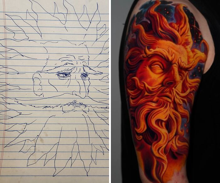 Tattoo expectations vs reality showing a hand-drawn sun face design and a vibrant, detailed sun tattoo on an arm.