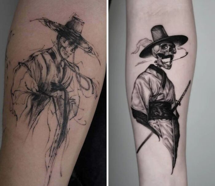 Side-by-side tattoos showing the difference in tattoo expectations vs reality on forearms.