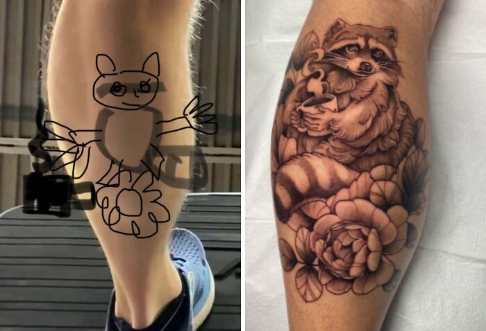 Side-by-side comparison of tattoo expectations vs reality showing a simple sketch and a detailed raccoon tattoo on a calf.