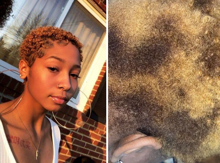 Comparison of hair fails showing what people asked for versus what they actually got with curly, dyed hairstyles outdoors and close-up.