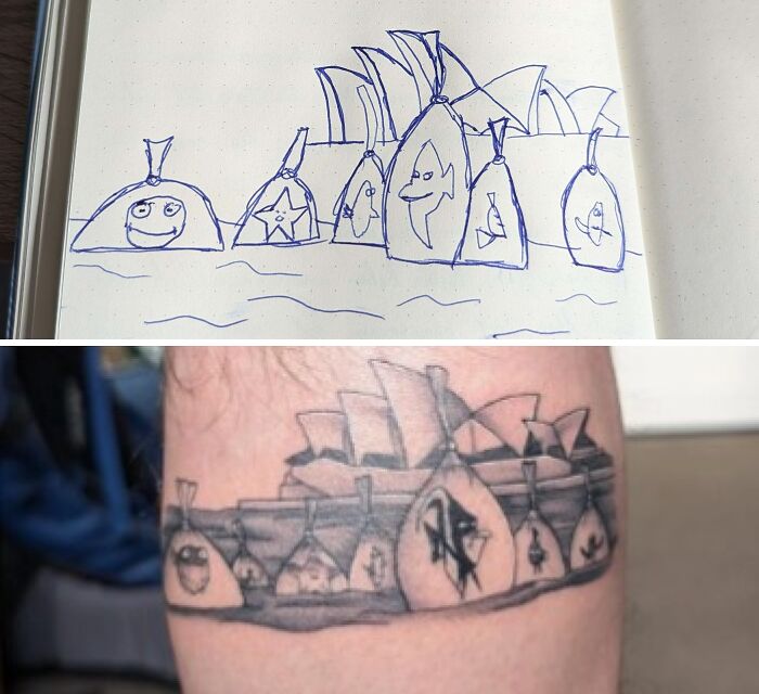 Tattoo expectations vs reality showing a simple drawing compared to a detailed but different tattoo on skin.