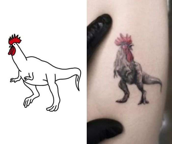 Tattoo expectations vs reality showing a hand-drawn chicken-dinosaur design and a realistic tattoo version on skin.
