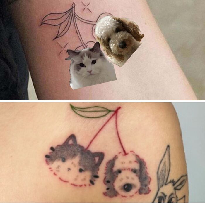 Tattoo expectations vs reality showing a simple cherry design turned into animal faces tattoo on arm.