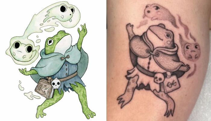 Tattoo expectations vs reality showing a frog wizard design and a blurred, distorted tattoo version on skin.