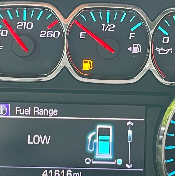 Car dashboard showing fuel gauge on empty with low fuel warning, illustrating people damaging things they borrowed.