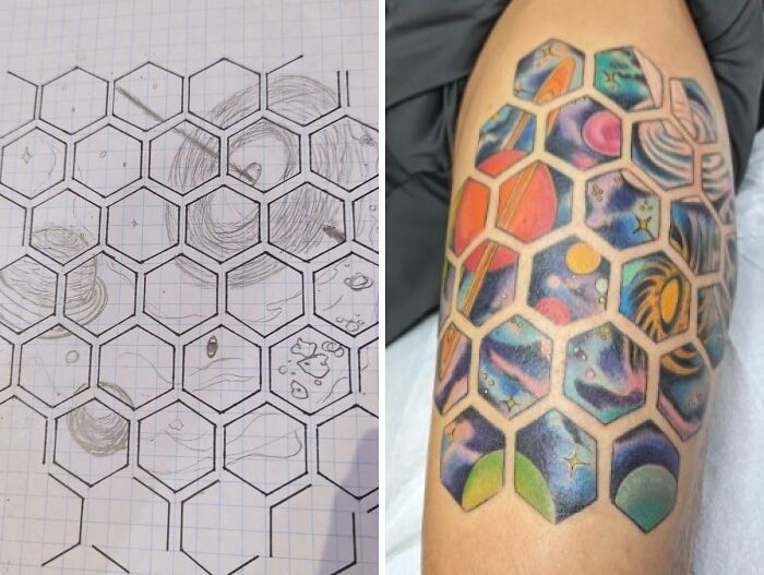 Tattoo expectations vs reality showing a color space-themed hexagon design sketch and a finished tattoo on arm.