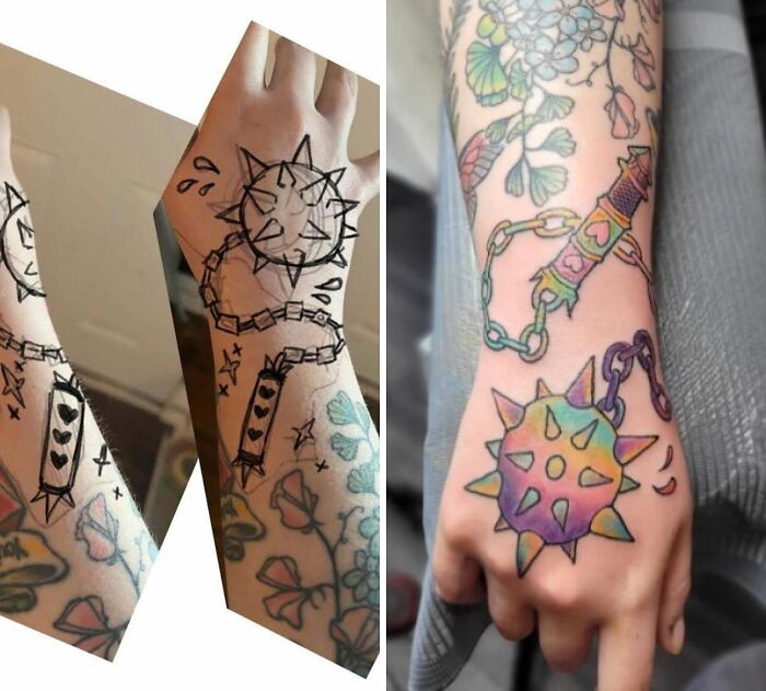 Hand showing a spiked mace tattoo design sketch versus a colorful finished tattoo with floral and chain details on the arm.