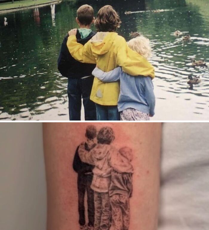 Photo of three children by a pond compared to a tattoo attempting to recreate the scene, illustrating tattoo expectations vs reality.