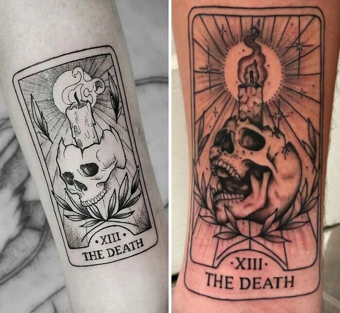 Side-by-side tattoo comparison showing expectations versus reality of a skull and candle design with the text XIII THE DEATH.
