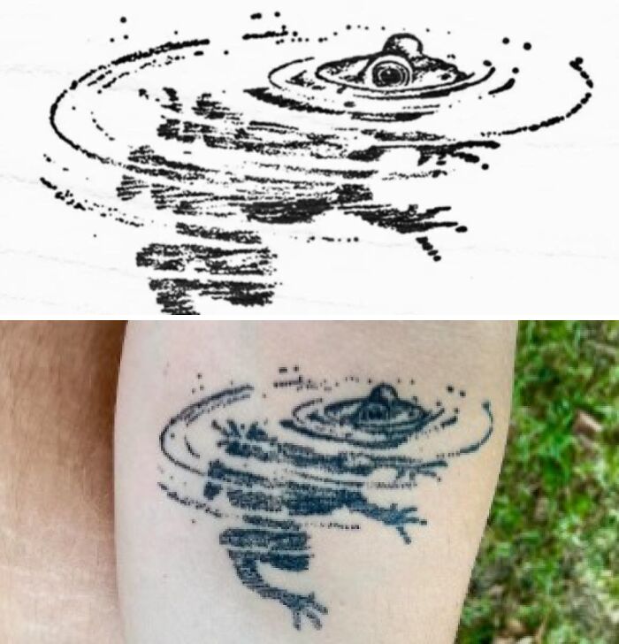 Tattoo expectations vs reality showing a detailed whirlpool design on paper and a pixelated tattoo on skin.