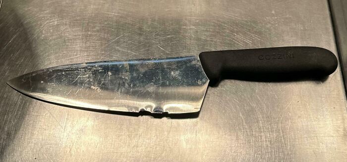 Knife with a heavily damaged blade, illustrating infuriating damage to things people borrowed from others.