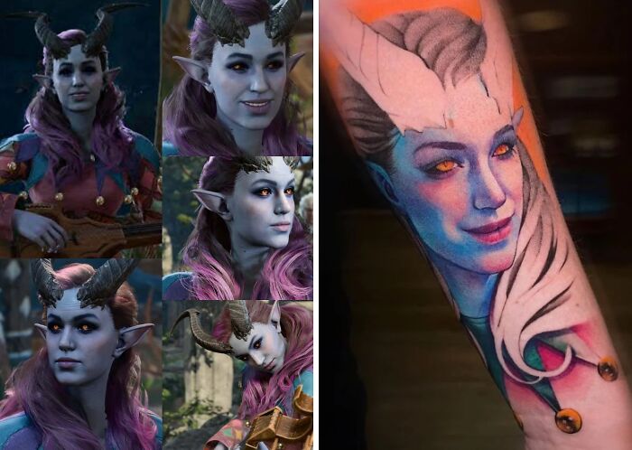 Tattoo expectations vs reality showing detailed fantasy character portraits compared to colorful but different tattoo design.