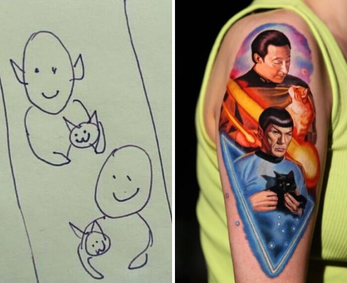 Tattoo expectations vs reality showing a simple drawing next to a detailed Star Trek-themed tattoo with cats.