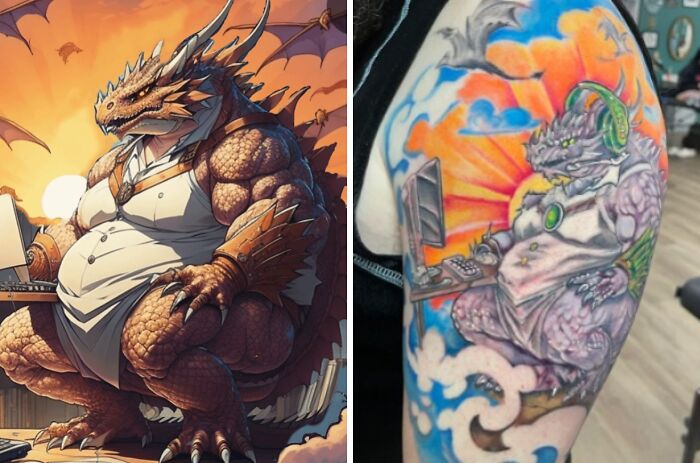 Tattoo expectations vs reality showing a detailed dragon illustration compared to a colorful but different dragon tattoo on arm.
