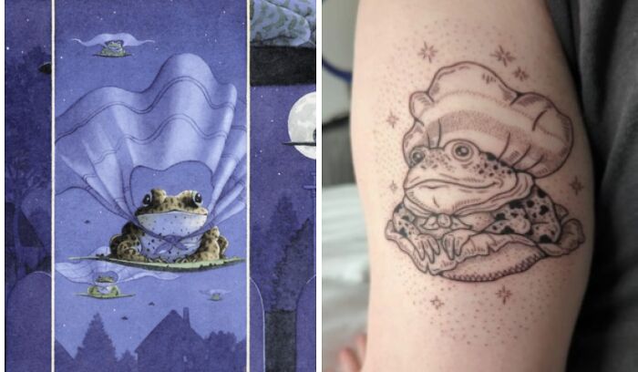 Side-by-side comparison of tattoo expectations and reality showing different frog-themed tattoo designs on skin.