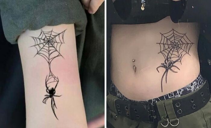 Side-by-side comparison of tattoo expectations versus reality showing a spider and web design on two different body parts.