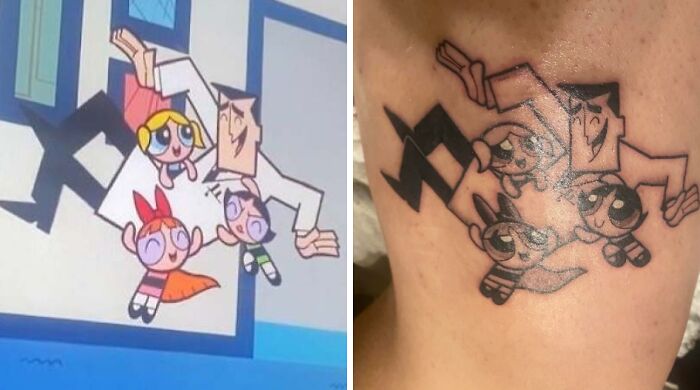 Cartoon-inspired tattoo showing a distorted version of the original design illustrating tattoo expectations vs reality.