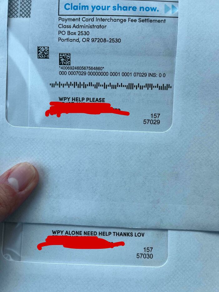 Envelope with confusing handwritten labels saying WPY HELP PLEASE and WPY ALONE NEED HELP THANKS, funny pics of utter confusion