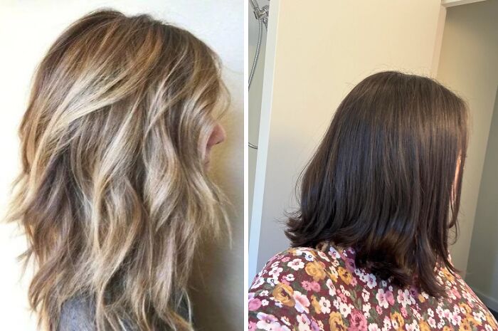 Side-by-side comparison of requested hairstyle versus actual hair fail results on two women indoors