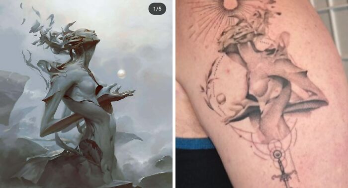 Side-by-side comparison of detailed tattoo expectation artwork and a distorted tattoo reality on upper arm.