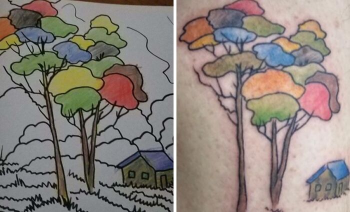 Tattoo expectations vs reality showing colorful tree and house design compared to the actual tattoo outcome on skin.