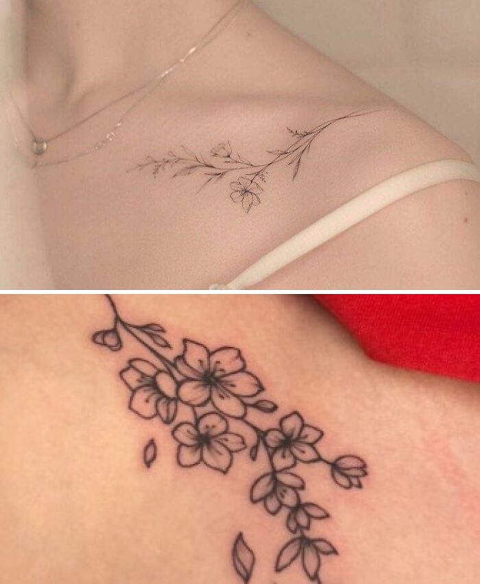Delicate floral tattoo expectation on shoulder versus bolder reality with thicker lines and less detail close-up.