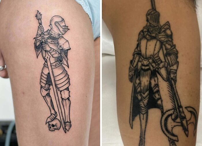 Side-by-side comparison of tattoo expectations vs reality showing knight tattoos with different designs and details.