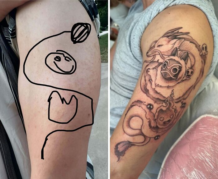 Side-by-side arm photos showing a rough tattoo sketch versus a detailed tattoo design illustrating tattoo expectations vs reality.