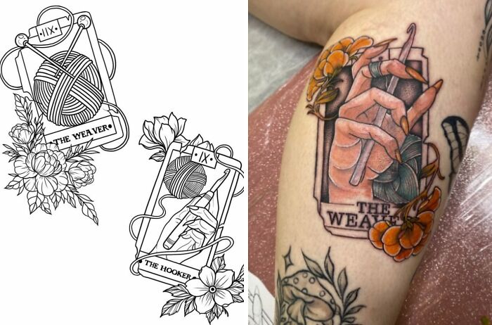 Tattoo expectations vs reality showing a detailed black and white design next to a colorful, less accurate tattoo version.