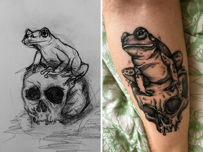 Black and gray tattoo showing a frog sitting on a skull, compared to the original pencil sketch, tattoo expectations vs reality.