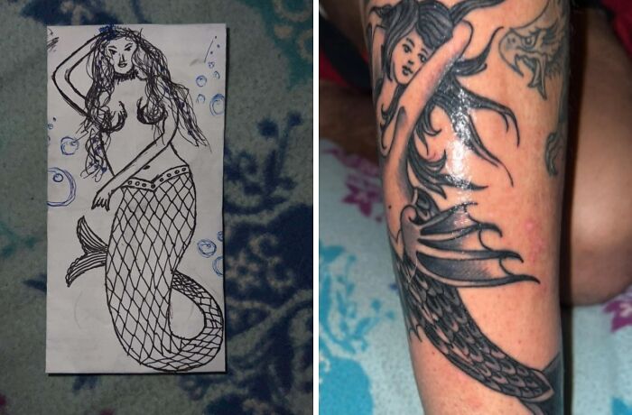 Side-by-side image showing tattoo expectations vs reality of a mermaid design on a person's arm.